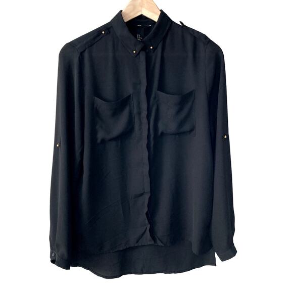 H&M Tops - H&M Button Front Blouse - Roll Tab Sleeves - Gold Tone Button Detail - Black - 2